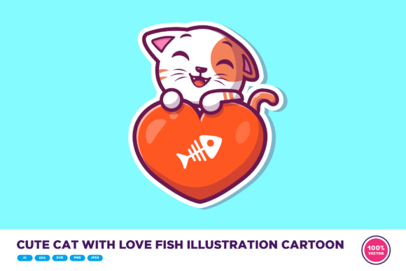 Download Cute Cat with Love Fish Illustration - Love fish Collection